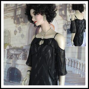 Ella Moss Dress Size 4 Black Brocade Cocktail Dressy Mini Cold Shoulder Sleeve